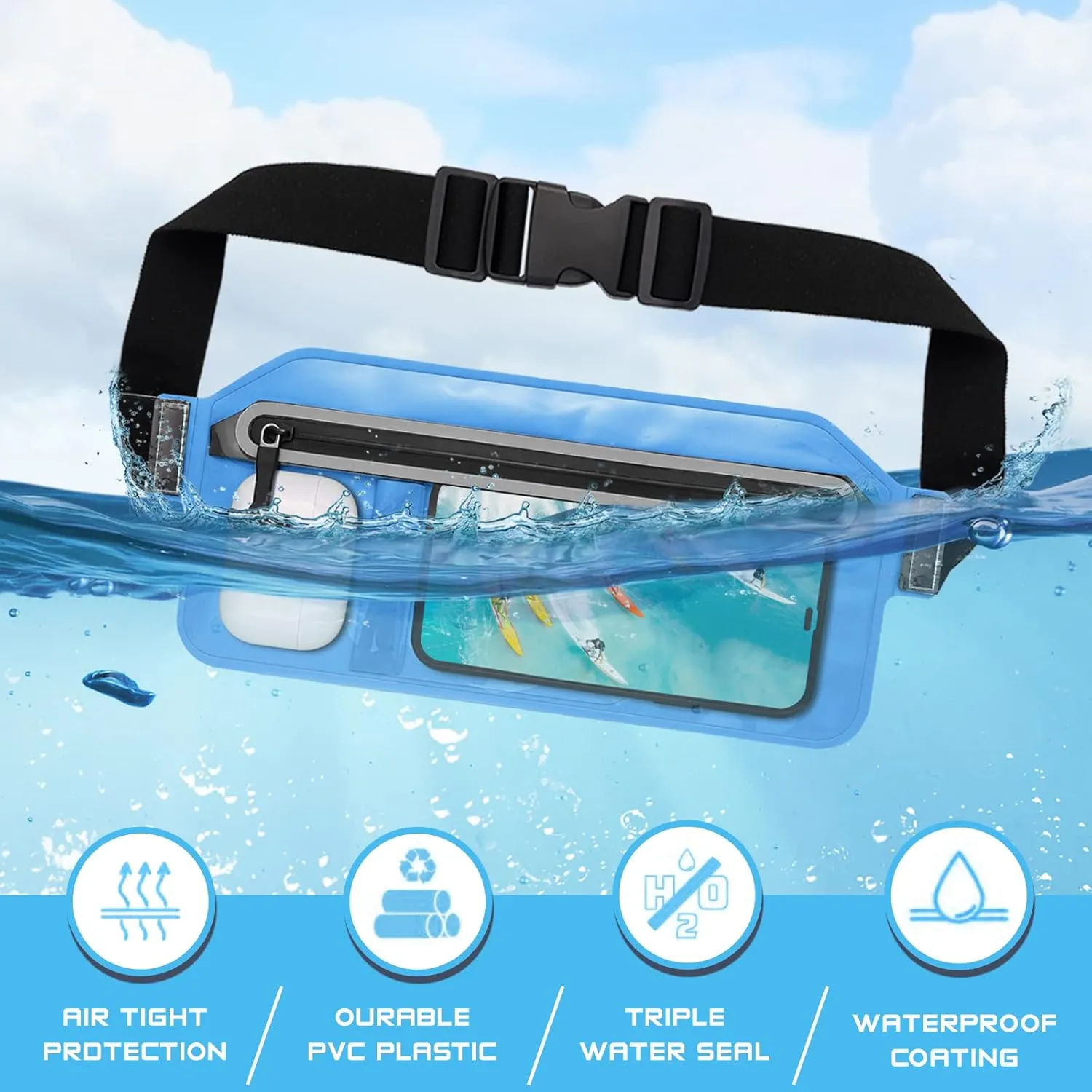 SJEhome Waterproof Phone Pouch,IPX8 Waterproof Phone Case with Adjustable Waist Strap,Compatible with iPhone Whole Series Galaxy Whole Series up to 7",Waist Bag for Beach, Boating,Swim,Blue