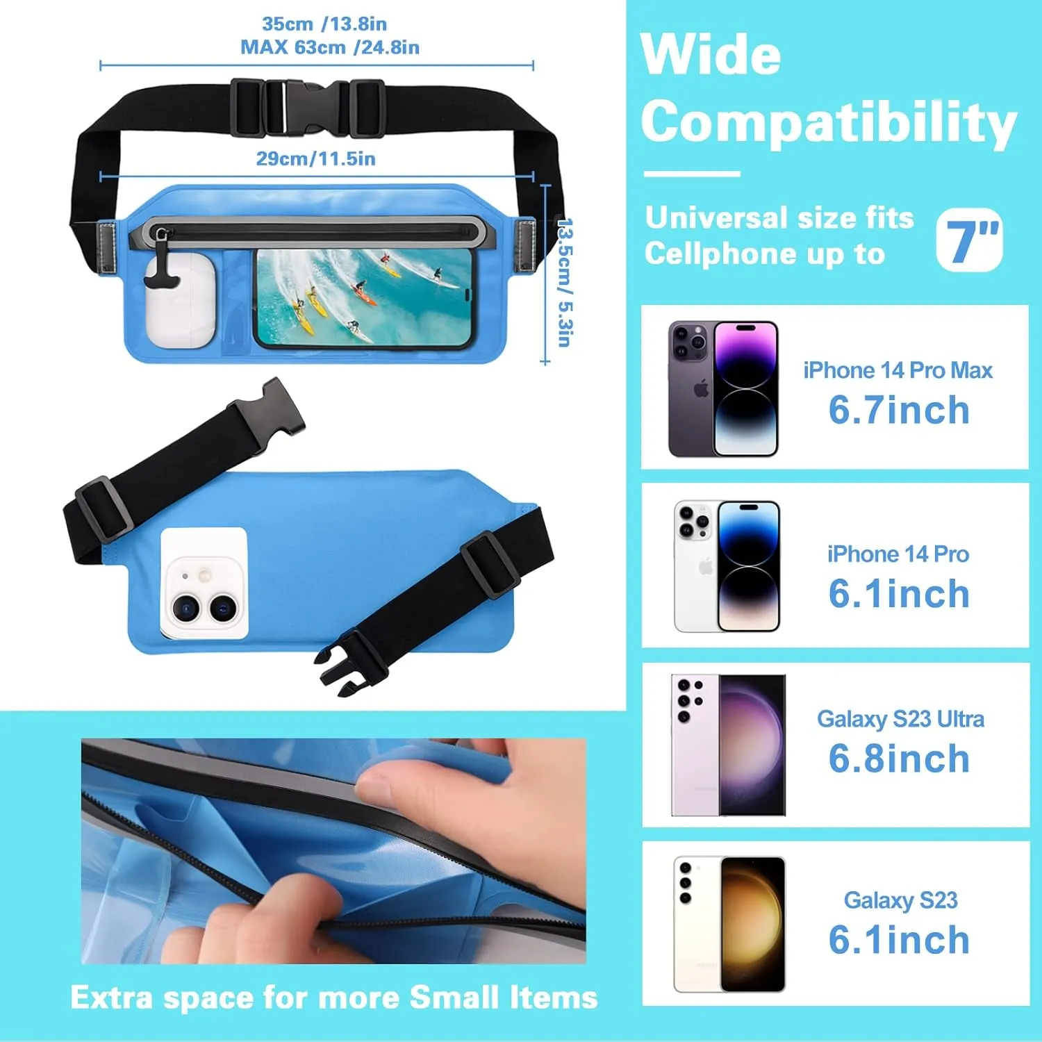 SJEhome Waterproof Phone Pouch,IPX8 Waterproof Phone Case with Adjustable Waist Strap,Compatible with iPhone Whole Series Galaxy Whole Series up to 7",Waist Bag for Beach, Boating,Swim,Blue