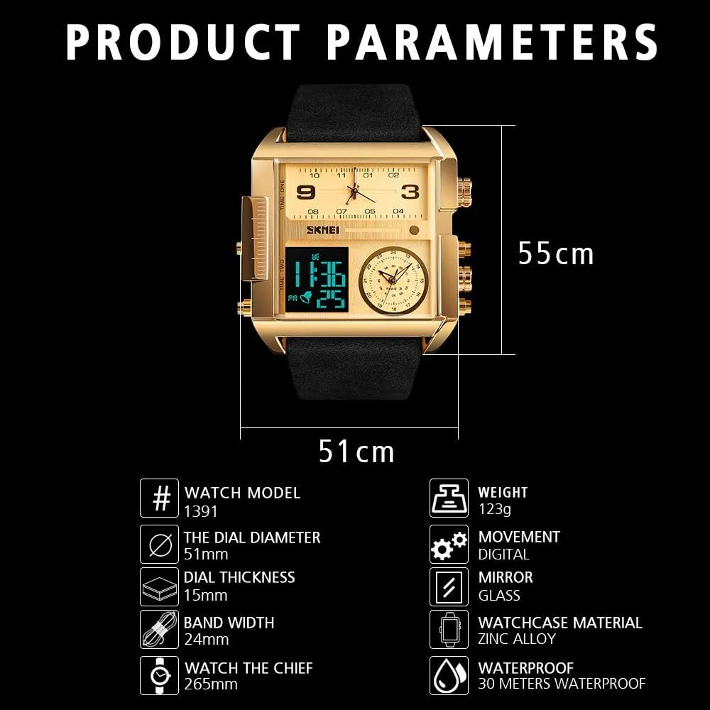 SKMEI Men's Digital Sports Watch, LED Square Large Face Analog Quartz Wrist Watch with Multi-Time Zone Waterproof Stopwatch