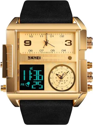 SKMEI Men's Digital Sports Watch, LED Square Large Face Analog Quartz Wrist Watch with Multi-Time Zone Waterproof Stopwatch