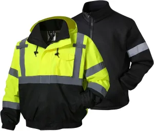 SKSAFETY 3-in-1 High Visibility Winter Bomber Jackets Zip Out Fleece Liner Reflective Safety Coats for men Waterproof ANSI/ISEA Class 3(Lime 2XL)