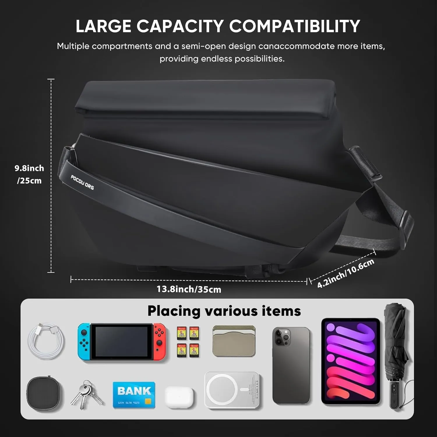 Sling Bag – Waterproof Synthetic Leather Crossbody Bag with Quick-Release Magnetic Buckle, Fits 10.9" iPad & 13/14" MacBook