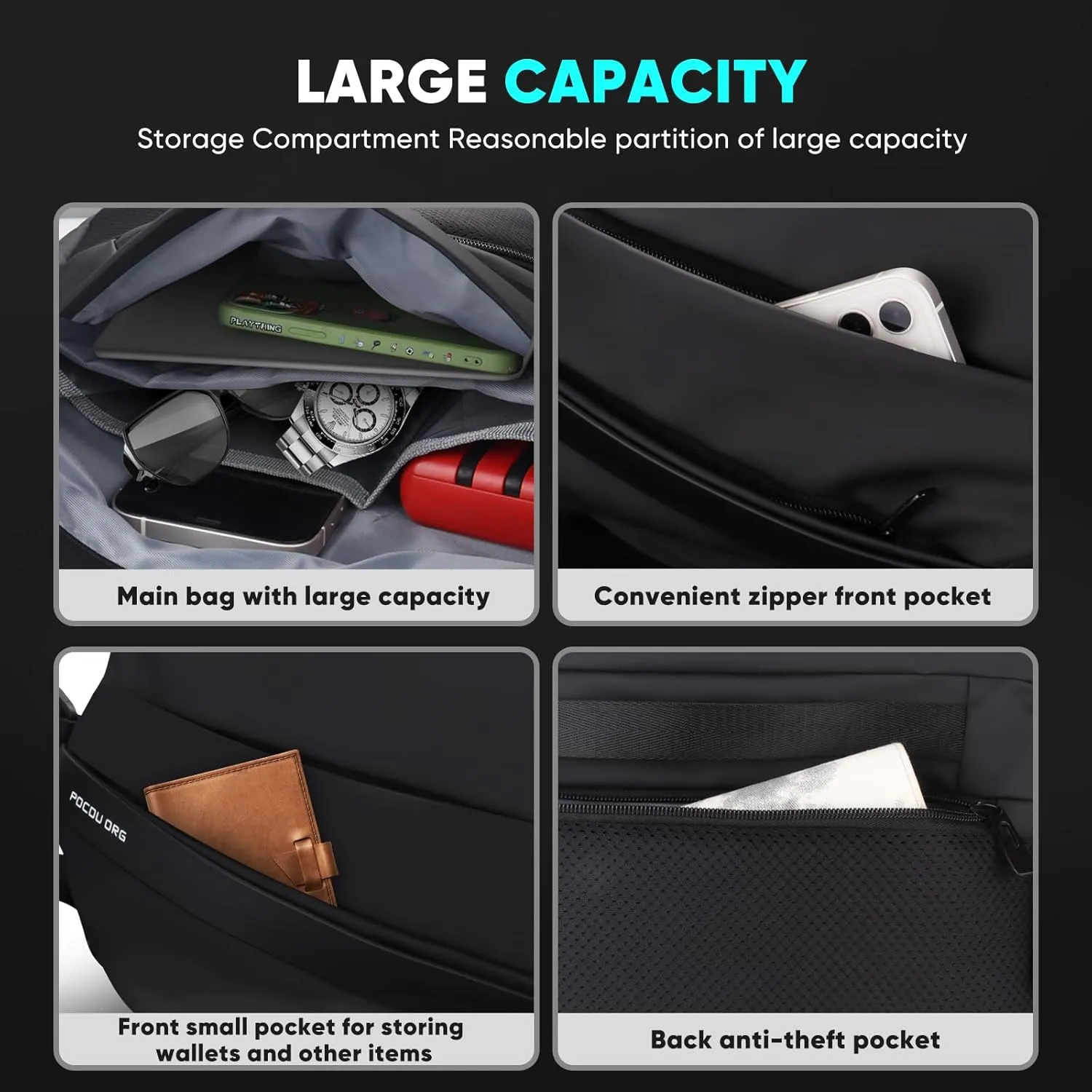 Sling Bag – Waterproof Synthetic Leather Crossbody Bag with Quick-Release Magnetic Buckle, Fits 10.9" iPad & 13/14" MacBook