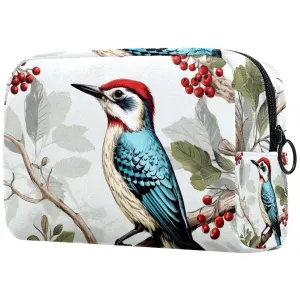 Small Makeup Bag Pouch for Purse, Travel Cosmetic Bag, Portable Toiletry Bag for Women Girls Gifts - Woodpecker Bird on Red Berries Branch
