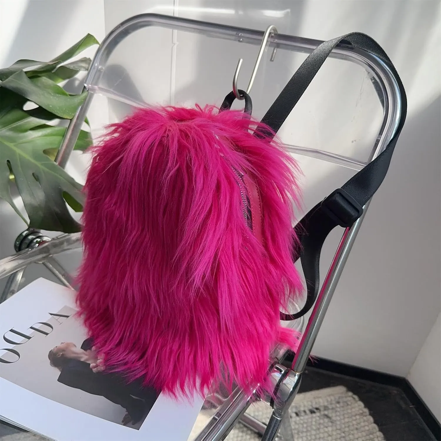 Small Mini Faux Fur Backpack for Women - Trendy Plush Daypack - Cute Furry Y2K Shoulder Bag (Hot Pink)