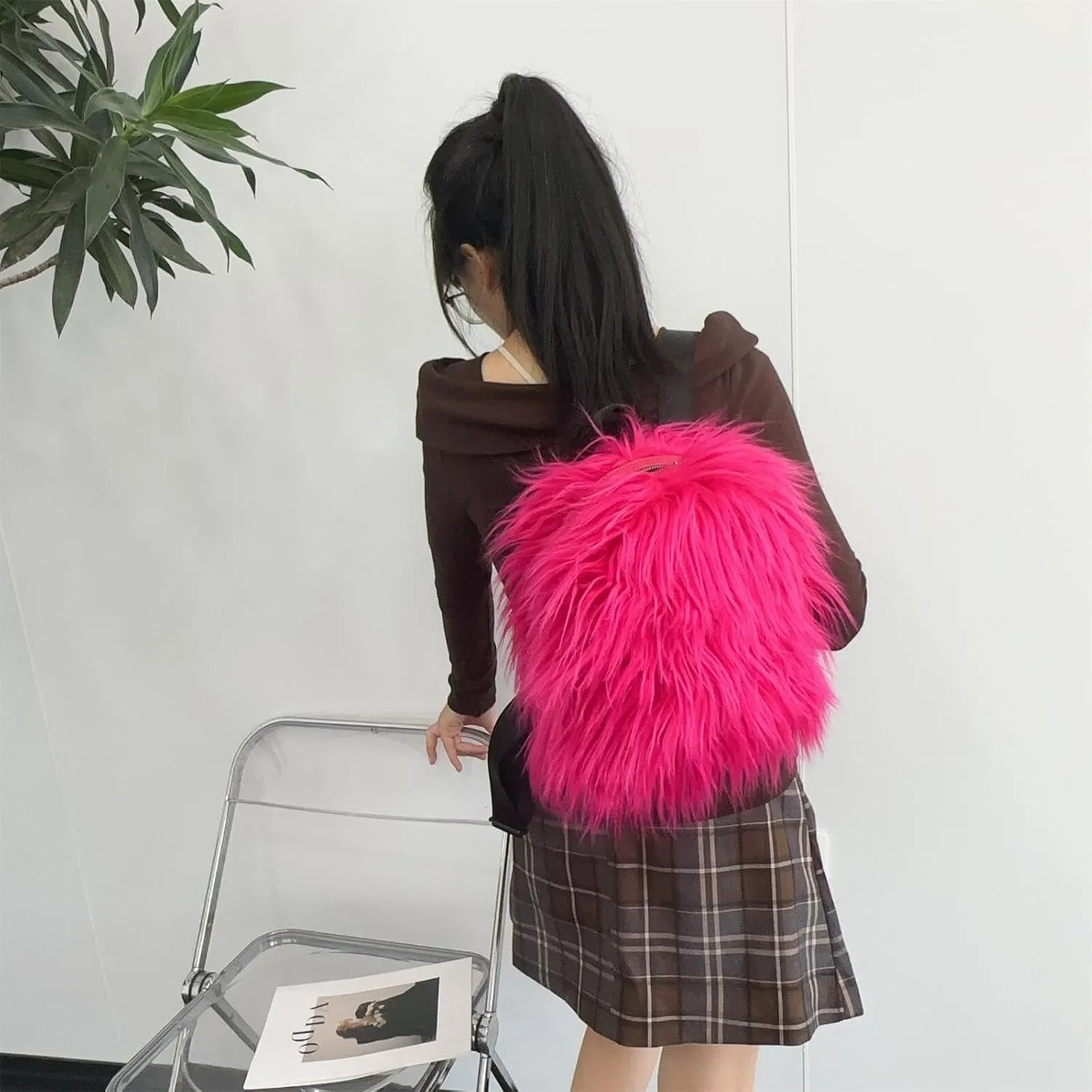 Small Mini Faux Fur Backpack for Women - Trendy Plush Daypack - Cute Furry Y2K Shoulder Bag (Hot Pink)
