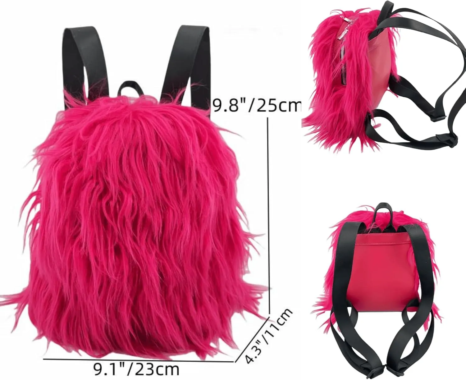 Small Mini Faux Fur Backpack for Women - Trendy Plush Daypack - Cute Furry Y2K Shoulder Bag (Hot Pink)