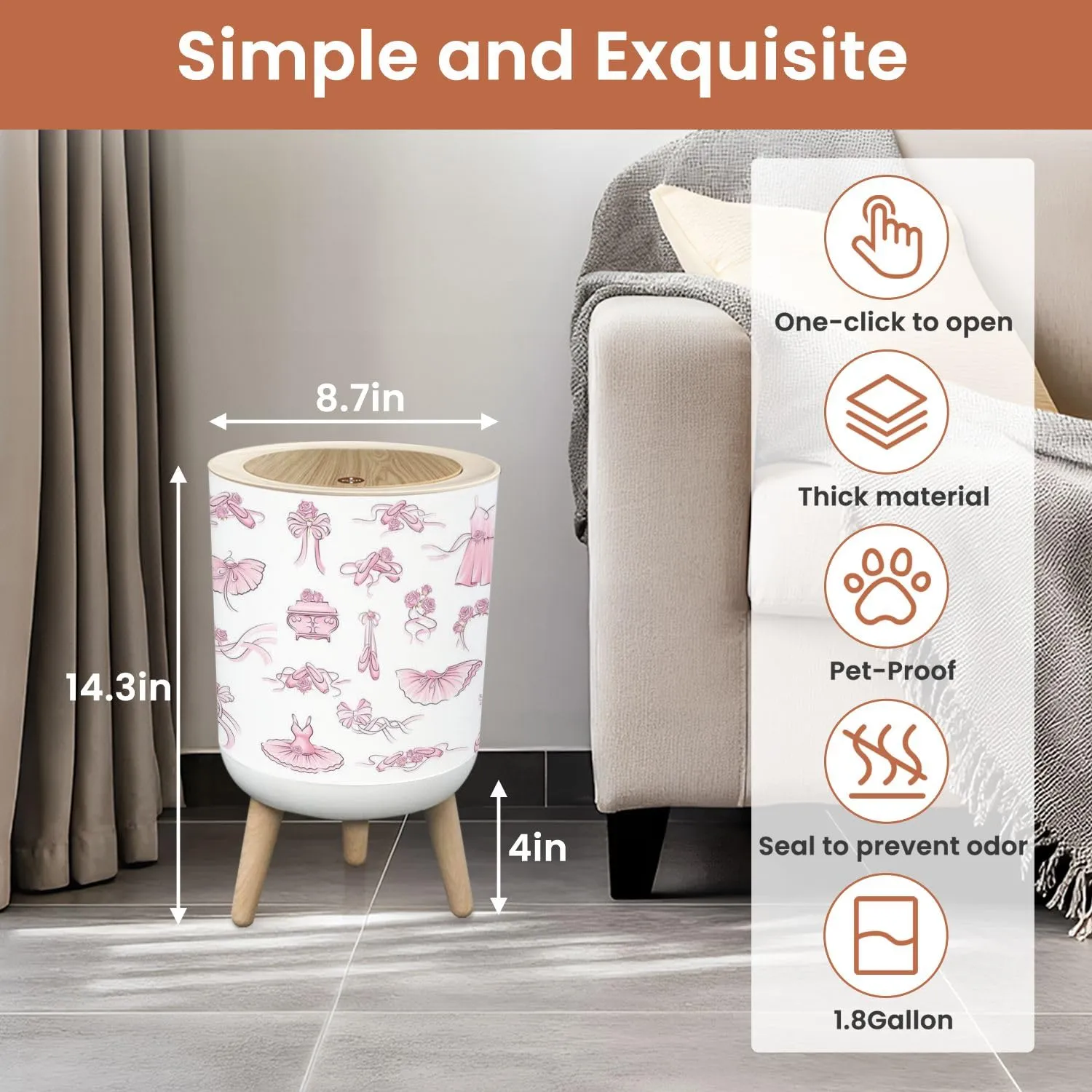 Small Trash Can with Lid Ballet Accessories Pink Tutu Skirt Pair Pointe shoes Bow Satin Ribbon 1.8 Gallon Dog Proof Trash Can Round Garbage Can Waste Bin Wastebasket for Bathroom Bedroom Kitchen