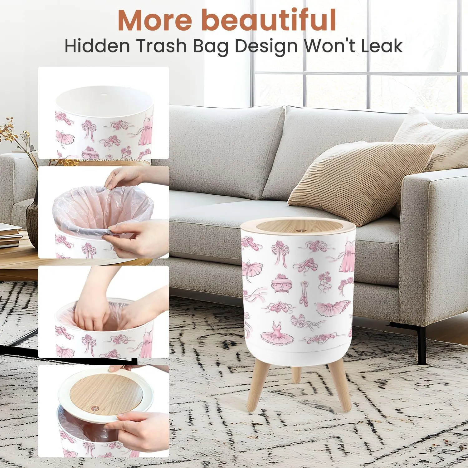 Small Trash Can with Lid Ballet Accessories Pink Tutu Skirt Pair Pointe shoes Bow Satin Ribbon 1.8 Gallon Dog Proof Trash Can Round Garbage Can Waste Bin Wastebasket for Bathroom Bedroom Kitchen