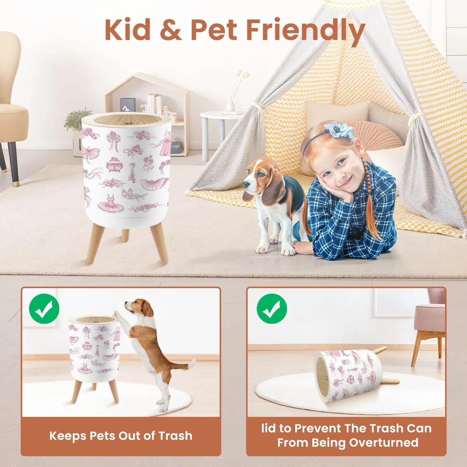 Small Trash Can with Lid Ballet Accessories Pink Tutu Skirt Pair Pointe shoes Bow Satin Ribbon 1.8 Gallon Dog Proof Trash Can Round Garbage Can Waste Bin Wastebasket for Bathroom Bedroom Kitchen