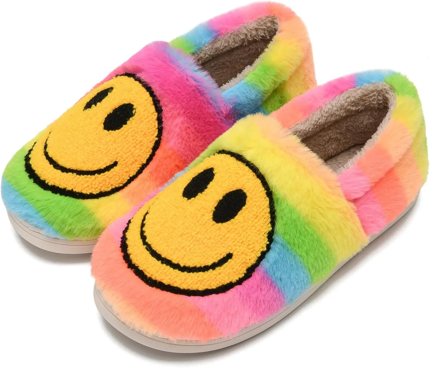 Smile Face Slippers,Retro Soft Plush Smile Fleece Lined House Shoes for Women Fuzzy Memory Foam Closed Back Slippers Anti Skid TPR Soft Sole