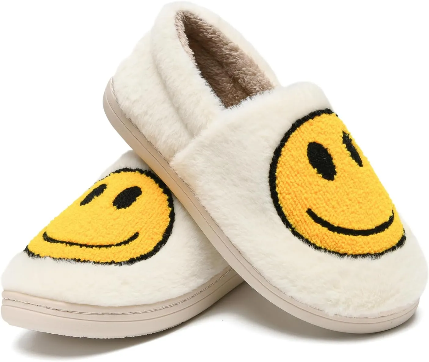 Smile Face Slippers,Retro Soft Plush Smile Fleece Lined House Shoes for Women Fuzzy Memory Foam Closed Back Slippers Anti Skid TPR Soft Sole