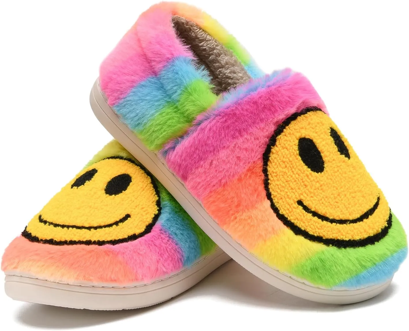 Smile Face Slippers,Retro Soft Plush Smile Fleece Lined House Shoes for Women Fuzzy Memory Foam Closed Back Slippers Anti Skid TPR Soft Sole