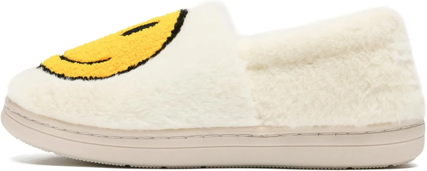 Smile Face Slippers,Retro Soft Plush Smile Fleece Lined House Shoes for Women Fuzzy Memory Foam Closed Back Slippers Anti Skid TPR Soft Sole