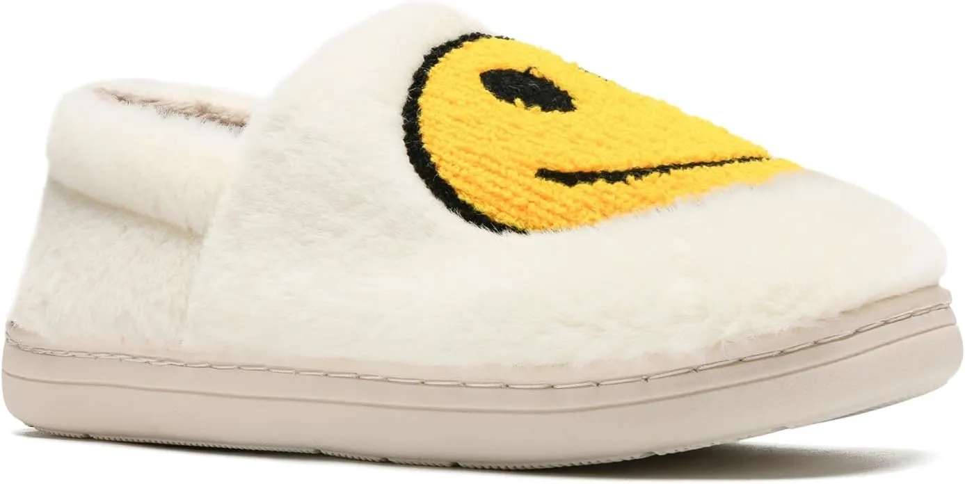 Smile Face Slippers,Retro Soft Plush Smile Fleece Lined House Shoes for Women Fuzzy Memory Foam Closed Back Slippers Anti Skid TPR Soft Sole