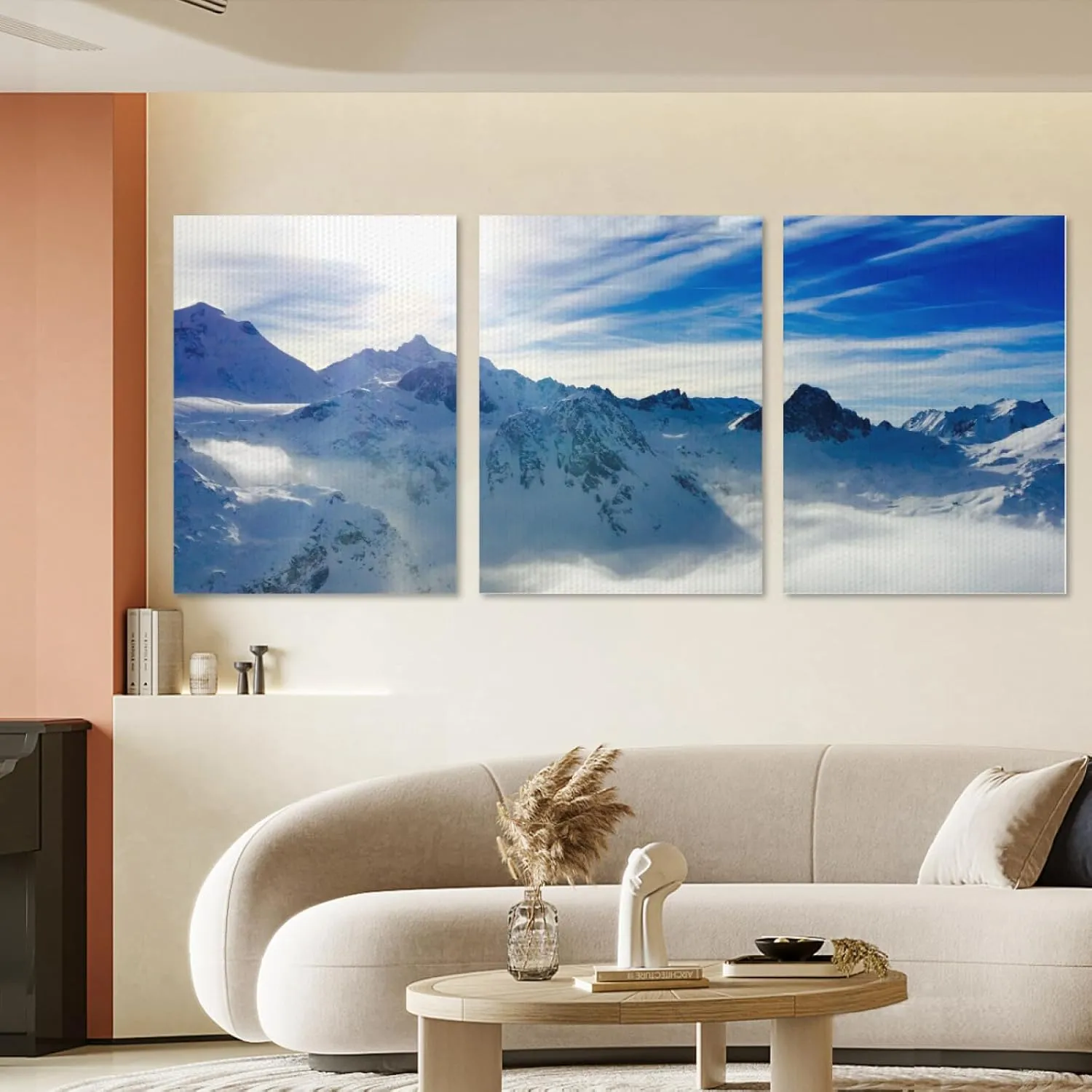 Snowy Mountain Tri Canvas Wall Art - 3 Panel Panoramic Blue & White Landscape on Polyester & Wood (16x20 Inch) Waterproof UV-Resistant Home Decor for Bedroom Living Room