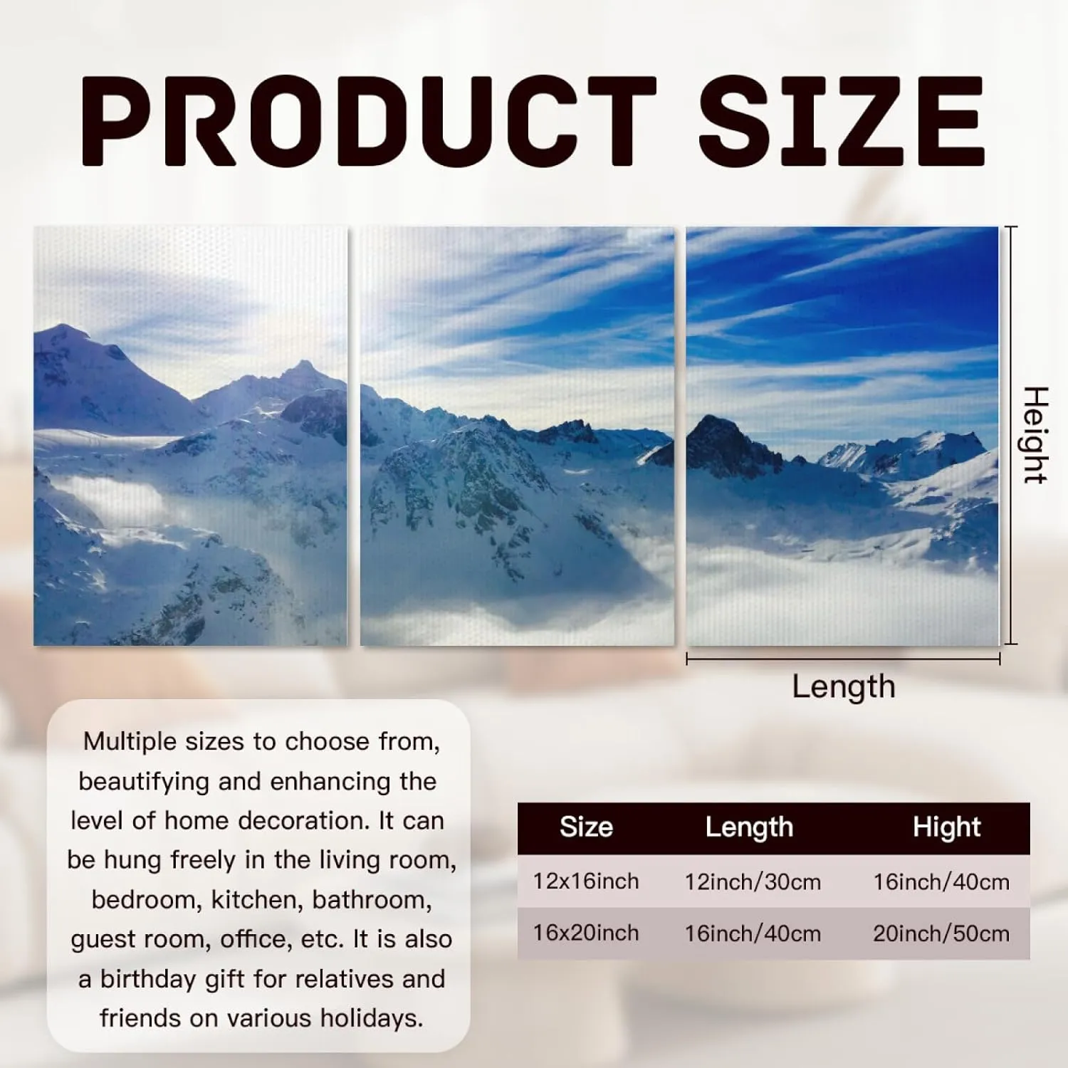 Snowy Mountain Tri Canvas Wall Art - 3 Panel Panoramic Blue & White Landscape on Polyester & Wood (16x20 Inch) Waterproof UV-Resistant Home Decor for Bedroom Living Room