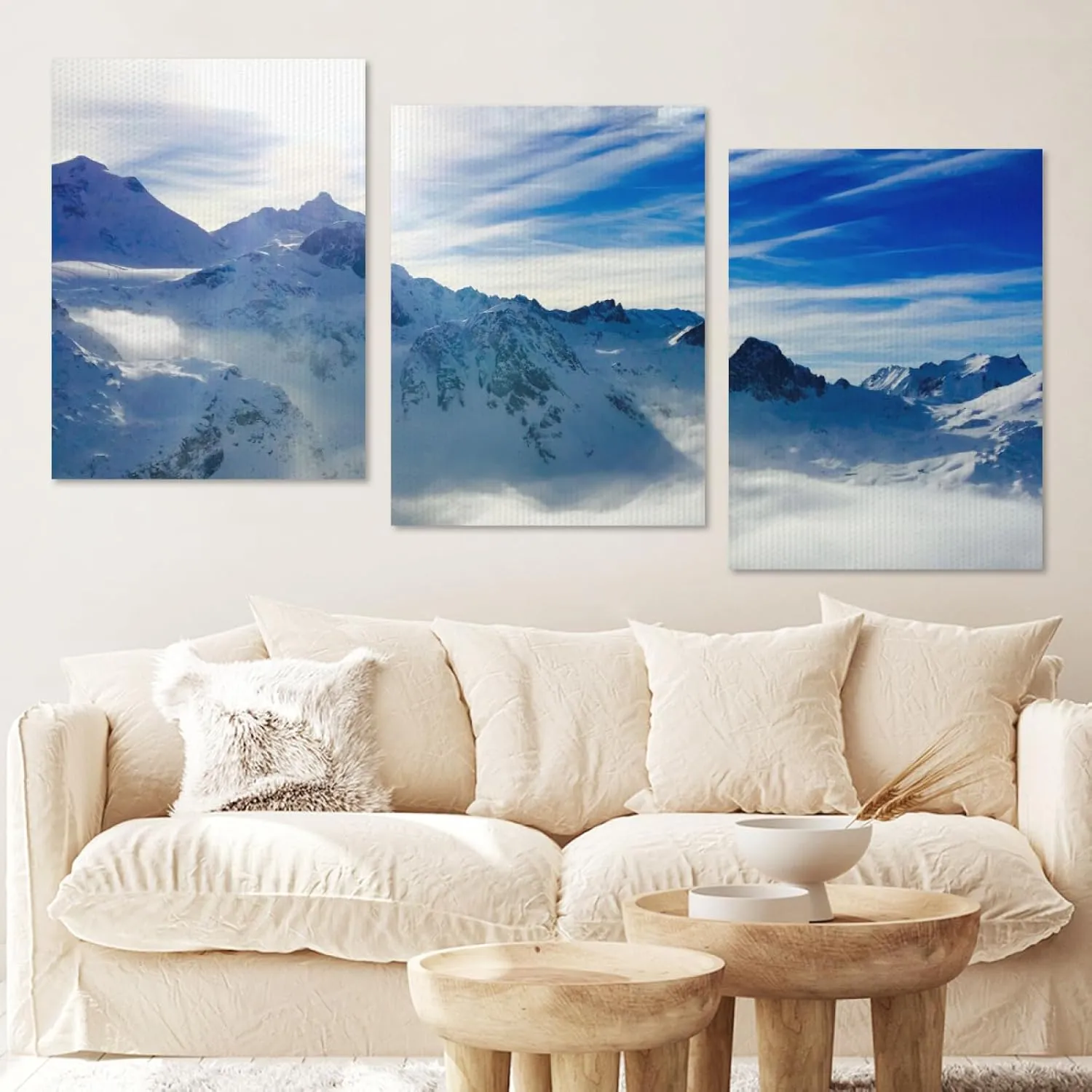 Snowy Mountain Tri Canvas Wall Art - 3 Panel Panoramic Blue & White Landscape on Polyester & Wood (16x20 Inch) Waterproof UV-Resistant Home Decor for Bedroom Living Room