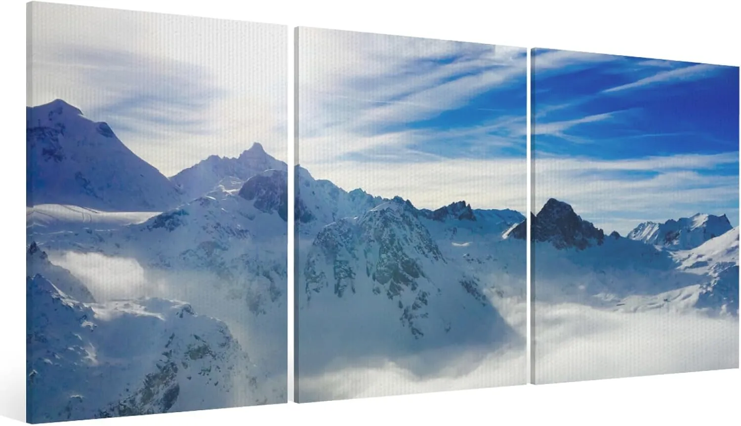 Snowy Mountain Tri Canvas Wall Art - 3 Panel Panoramic Blue & White Landscape on Polyester & Wood (16x20 Inch) Waterproof UV-Resistant Home Decor for Bedroom Living Room