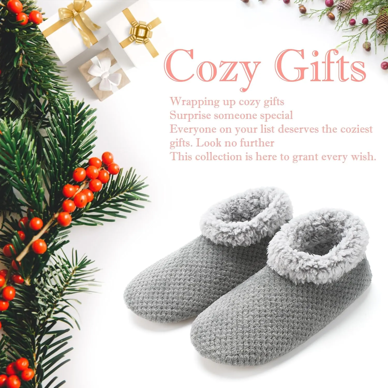 Soft Fuzzy Slippers for Women Indoor, Warm Furry House Sock Shoes Fluffy Lined, Bedroom Booties Non-Slip Gripper Soles, Winter Cozy Christmas Gifts