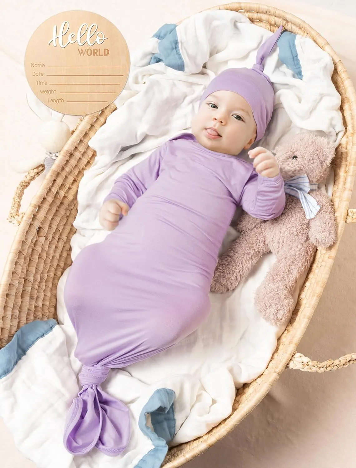 Soft Knotted Gown 0-3 Months, Modal Baby Gowns With Hello World Sign Newborn Announcement Outfit
