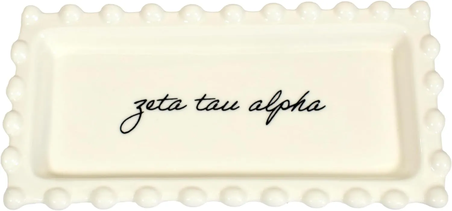 Sorority Shop Zeta Tau Alpha Jewelry Dish - Rectangular Gloss Finish Ceramic tray with Sorority Name in Cursive Script, Multi-Function Ceramic Ring Dish, Ideal for Jewelry and Keys