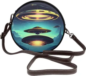 Spacecraft Descend Removable Shoulder Strap Waterproof Leather Shoulder Round Bag Crossbody Bag Travel Shopping Dating Handbag Purse