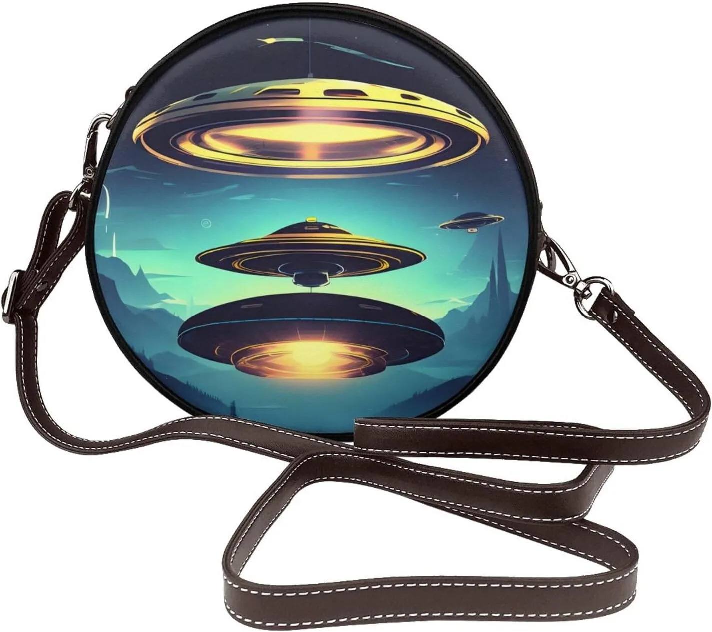 Spacecraft Descend Removable Shoulder Strap Waterproof Leather Shoulder Round Bag Crossbody Bag Travel Shopping Dating Handbag Purse