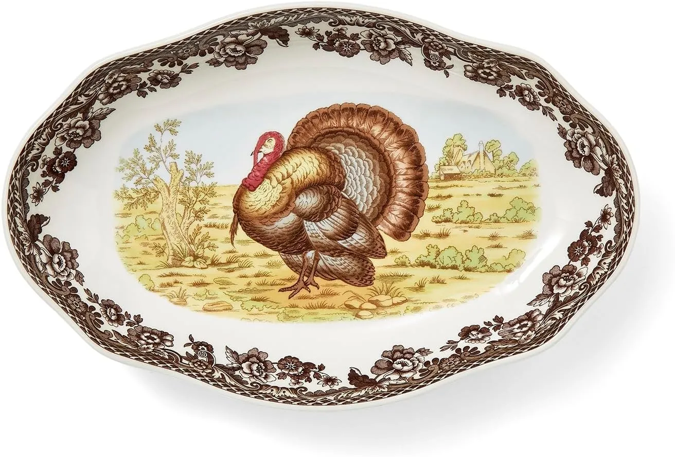 Spode Woodland 8.5" Pickle Dish - Turkey Design, Earthenware, Microwave and Dishwasher Safe, Thanksgiving Dining Centerpiece, Serving Plate for Main Courses, Appetizers, and More