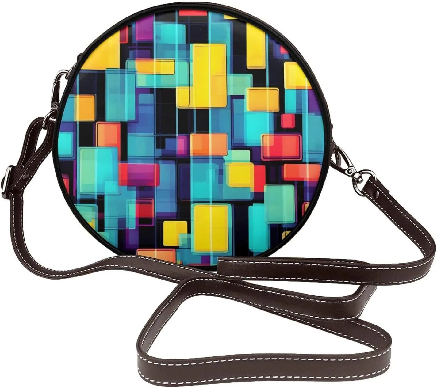 Square Geometry Diagram Removable Shoulder Strap Waterproof Leather Shoulder Round Bag Crossbody Bag Travel Shopping Dating Handbag Purse