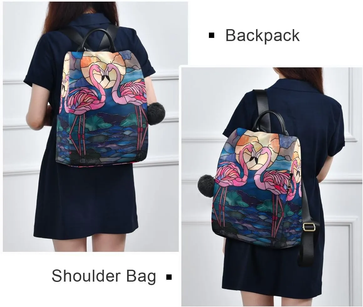 Stained Glass Depiction Flamingos Fashion Backpack Purse for Women Back Zipper Pocket Design