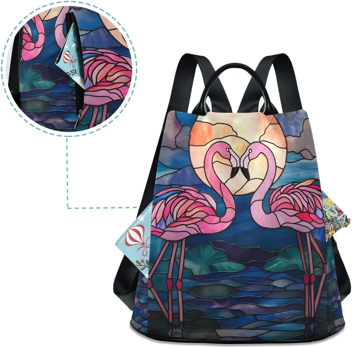 Stained Glass Depiction Flamingos Fashion Backpack Purse for Women Back Zipper Pocket Design