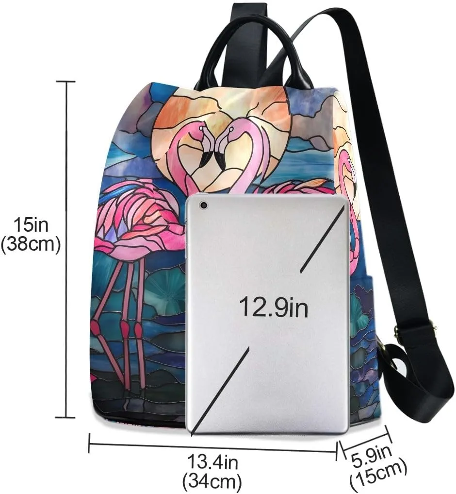 Stained Glass Depiction Flamingos Fashion Backpack Purse for Women Back Zipper Pocket Design
