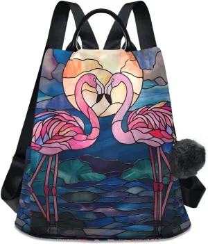 Stained Glass Depiction Flamingos Fashion Backpack Purse for Women Back Zipper Pocket Design