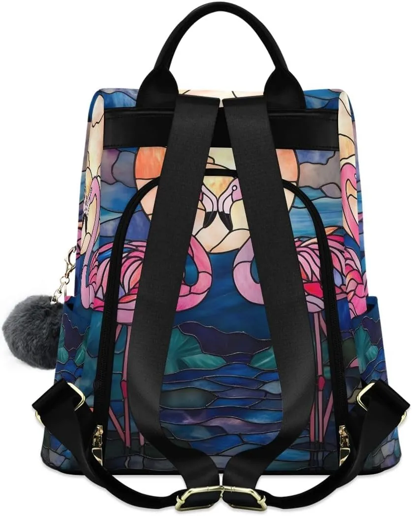 Stained Glass Depiction Flamingos Fashion Backpack Purse for Women Back Zipper Pocket Design