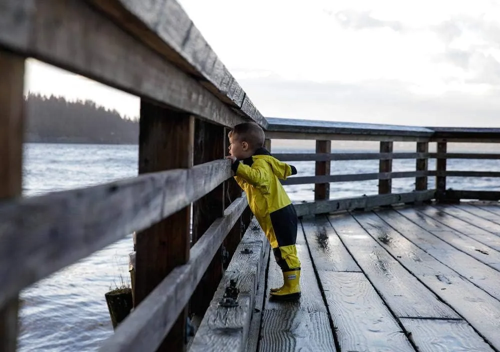 Stonz Kids Rain Suit - Toddler & Kids One Piece Outdoor Coverall with Hood - Waterproof Kids Clothes with Reflective Seams