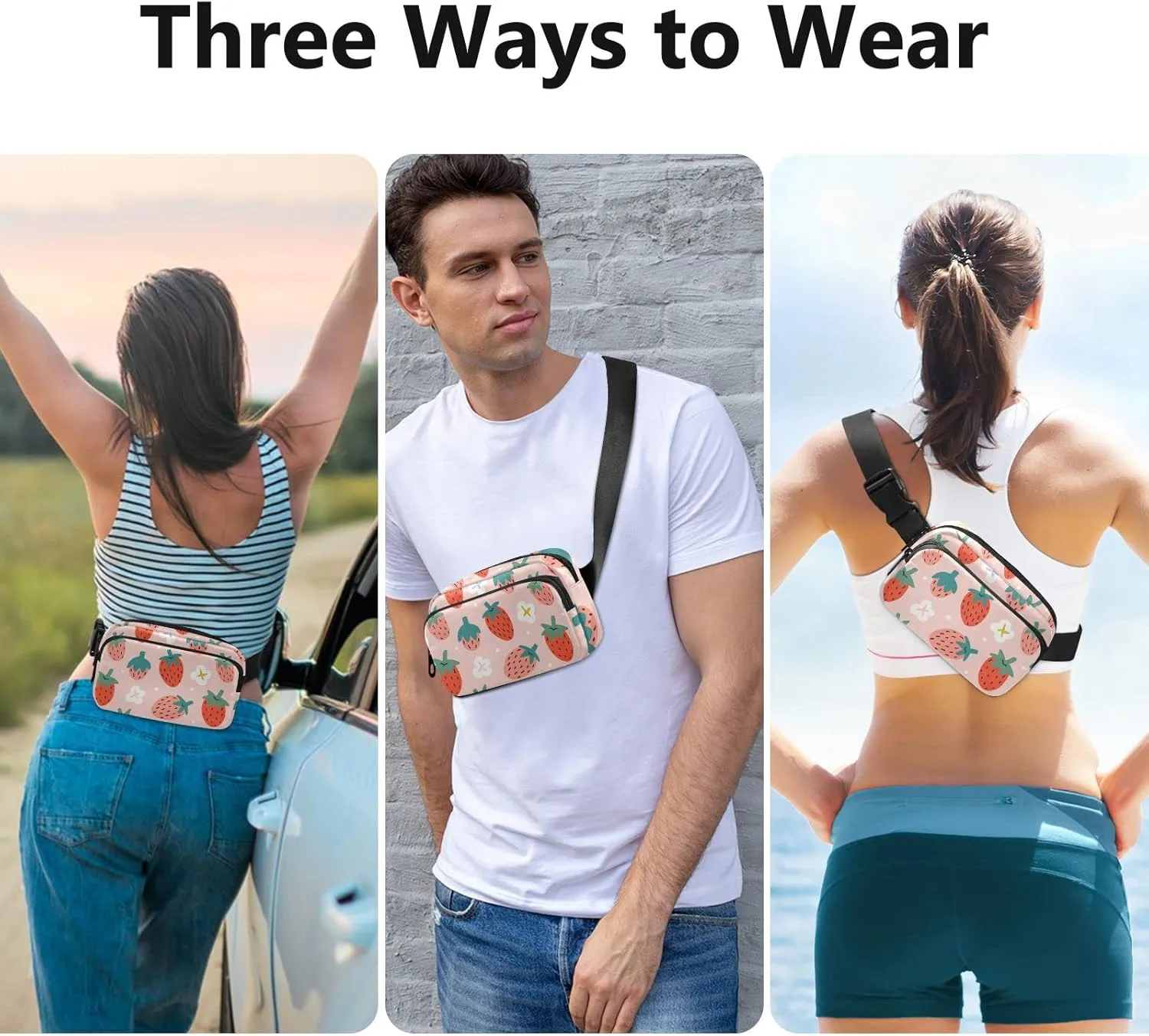 Strawberries Fanny Packs for Women Men Crossbody Bag Fashion Waist Packs Waterproof Sling Bag Belt Bag Waist Pouch with Adjustable Strap for Travel Outdoors Hiking Running Cycling Bum Bag Shoulder