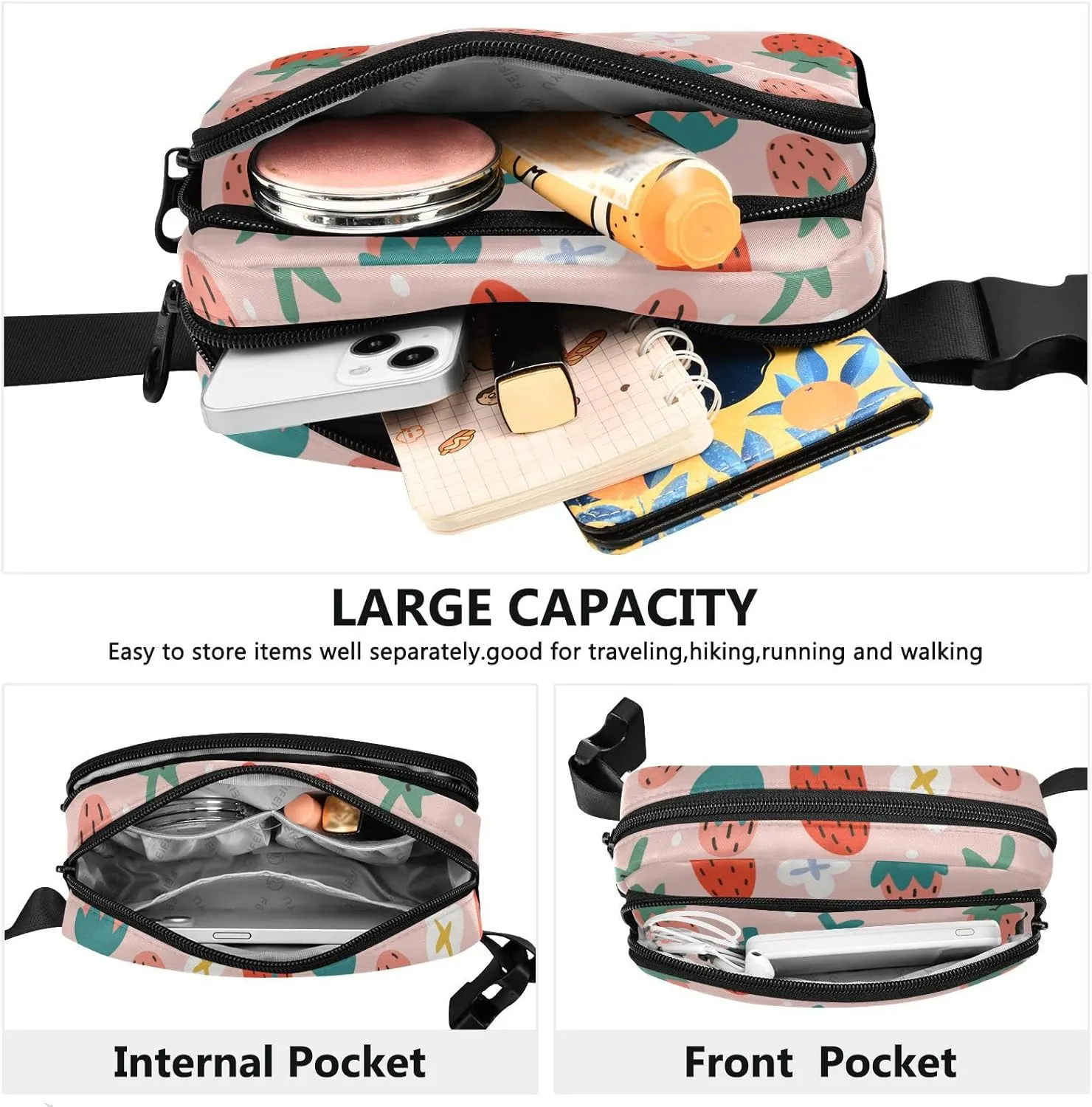 Strawberries Fanny Packs for Women Men Crossbody Bag Fashion Waist Packs Waterproof Sling Bag Belt Bag Waist Pouch with Adjustable Strap for Travel Outdoors Hiking Running Cycling Bum Bag Shoulder