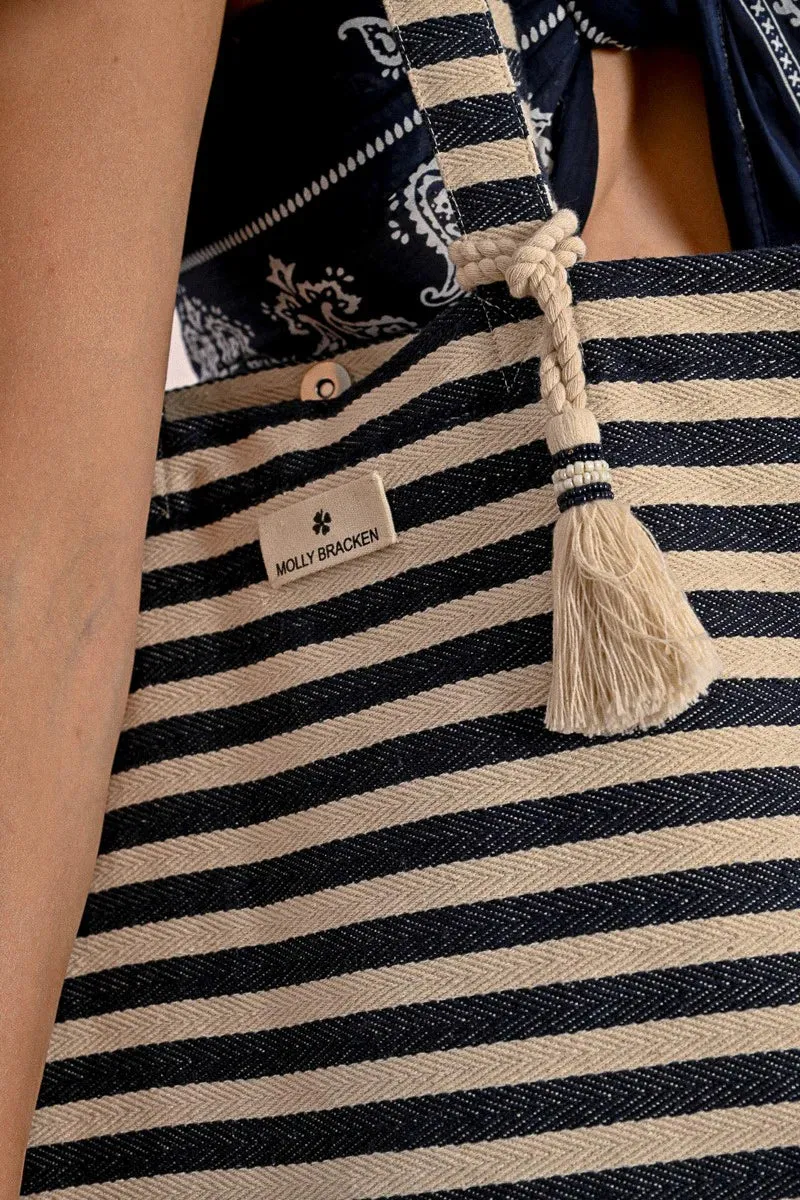 Striped Braided Woven Tote Bag