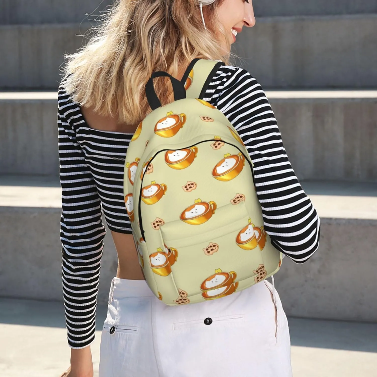 Stylish Canvas Casual Lightweight Backpack For Men, Women,Cartoon Cat Coffee Laptop Travel Rucksack, Medium