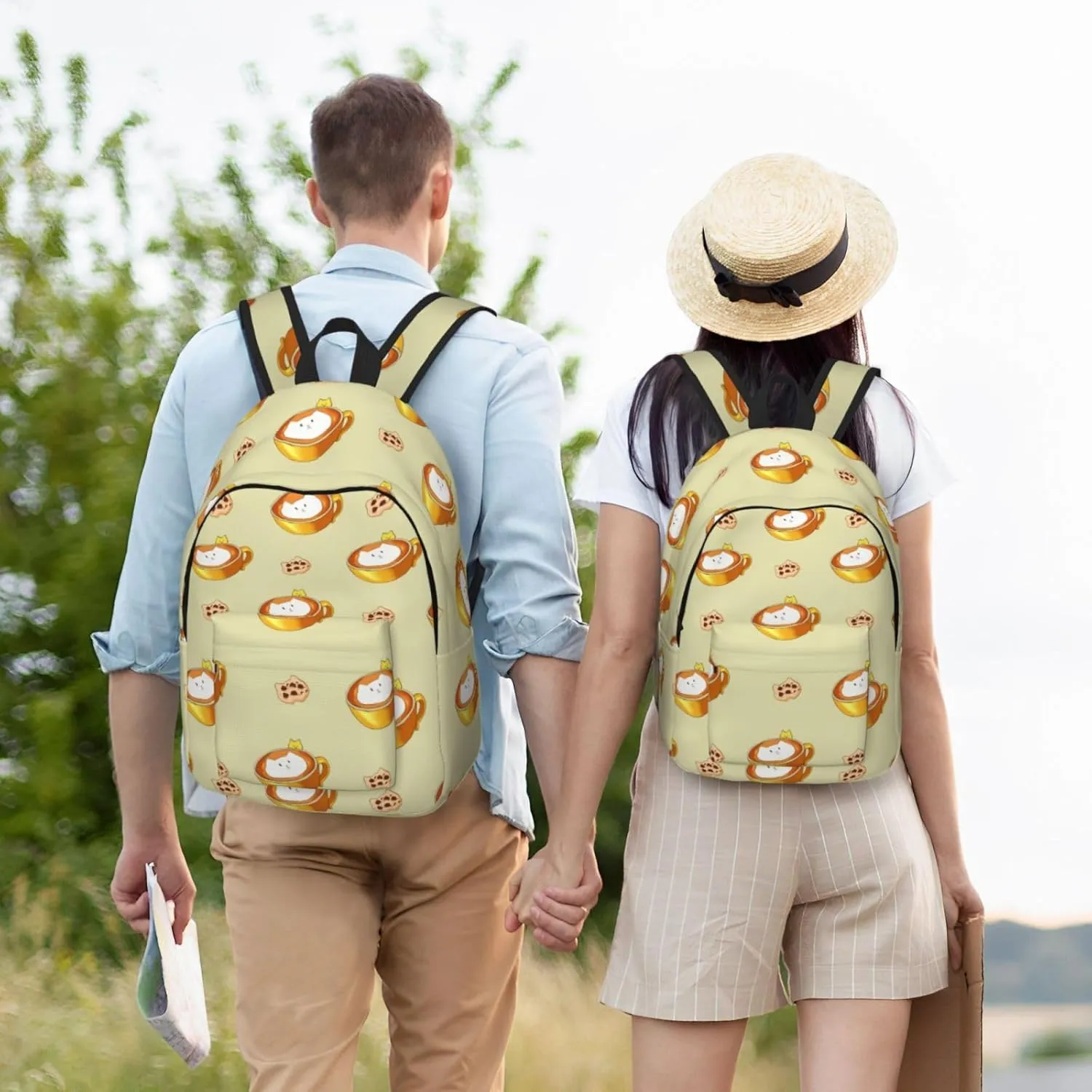 Stylish Canvas Casual Lightweight Backpack For Men, Women,Cartoon Cat Coffee Laptop Travel Rucksack, Medium