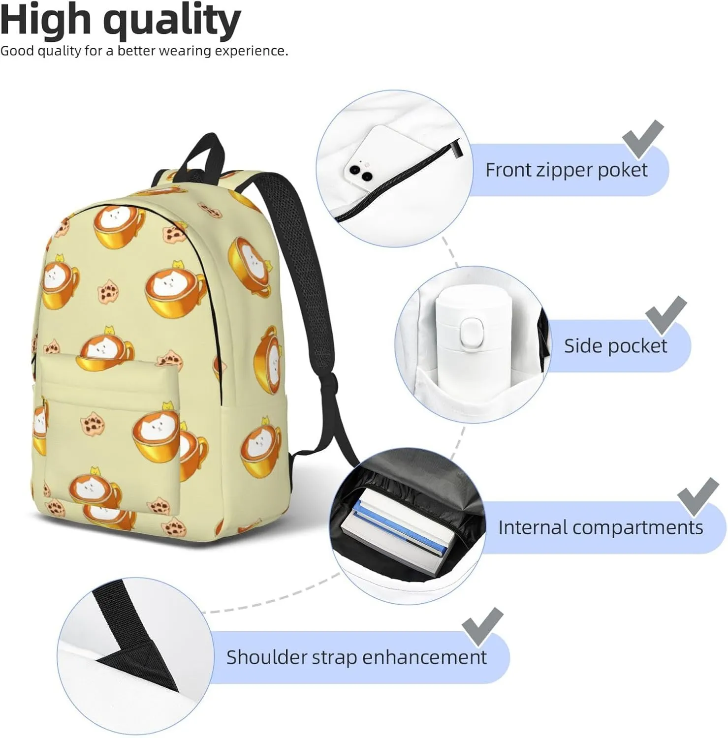 Stylish Canvas Casual Lightweight Backpack For Men, Women,Cartoon Cat Coffee Laptop Travel Rucksack, Medium
