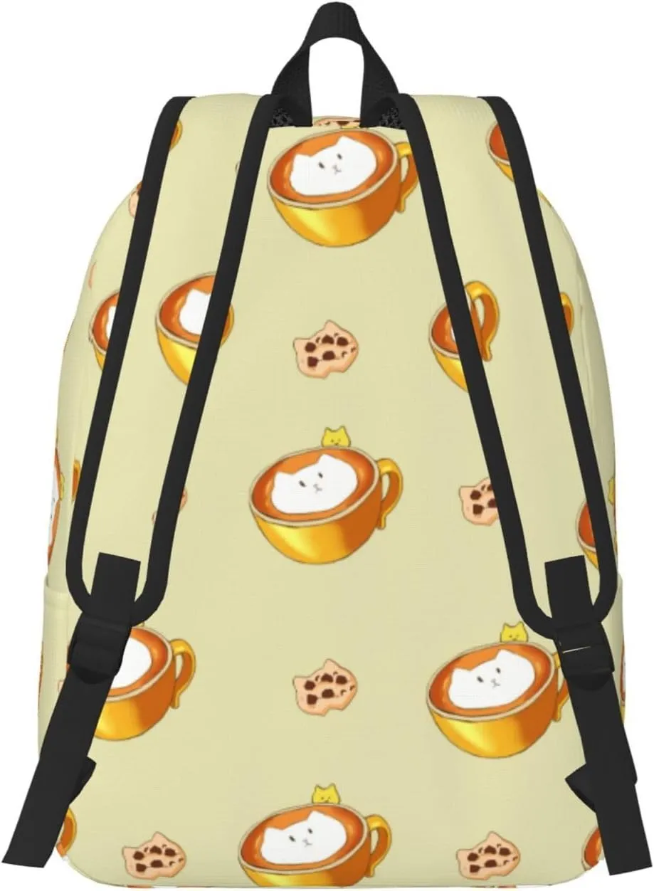 Stylish Canvas Casual Lightweight Backpack For Men, Women,Cartoon Cat Coffee Laptop Travel Rucksack, Medium