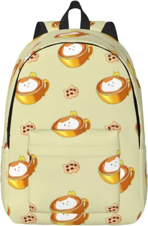 Stylish Canvas Casual Lightweight Backpack For Men, Women,Cartoon Cat Coffee Laptop Travel Rucksack, Medium