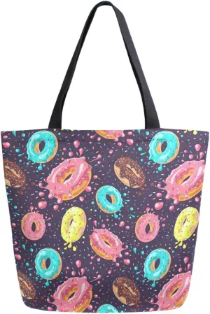 Stylish Colors Splashed Donuts Pattern Extra Large Canvas Market Beach Travel Reusable Grocery Shopping Tote Bag Portable Storage HandBags,Black