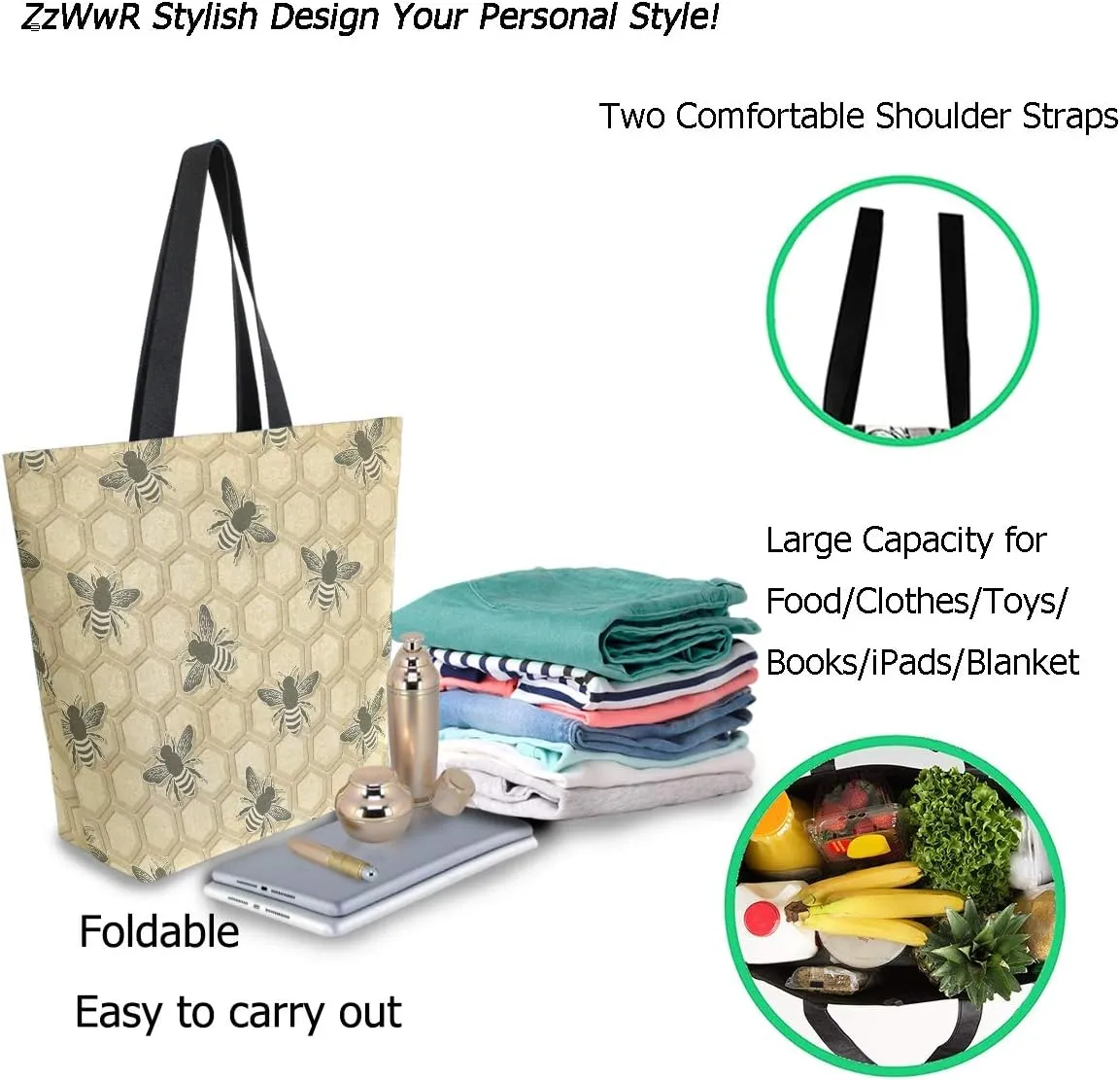 Stylish Cute Pattern Extra Large Shoulder Tote Bag for Beach Travel Weekender Gym Grocery Shopping