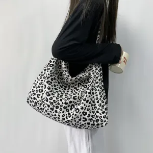 Stylish Large Capacity Corduroy Leopard Bag Crossbody Tote for Women Canvas Shopping Bag