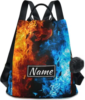 SUABO Red and Blue Fire Custom Backpack Purse for Women, Anti Theft Personalized Name Shoulder Bag Fashion Ladies Travel Bags
