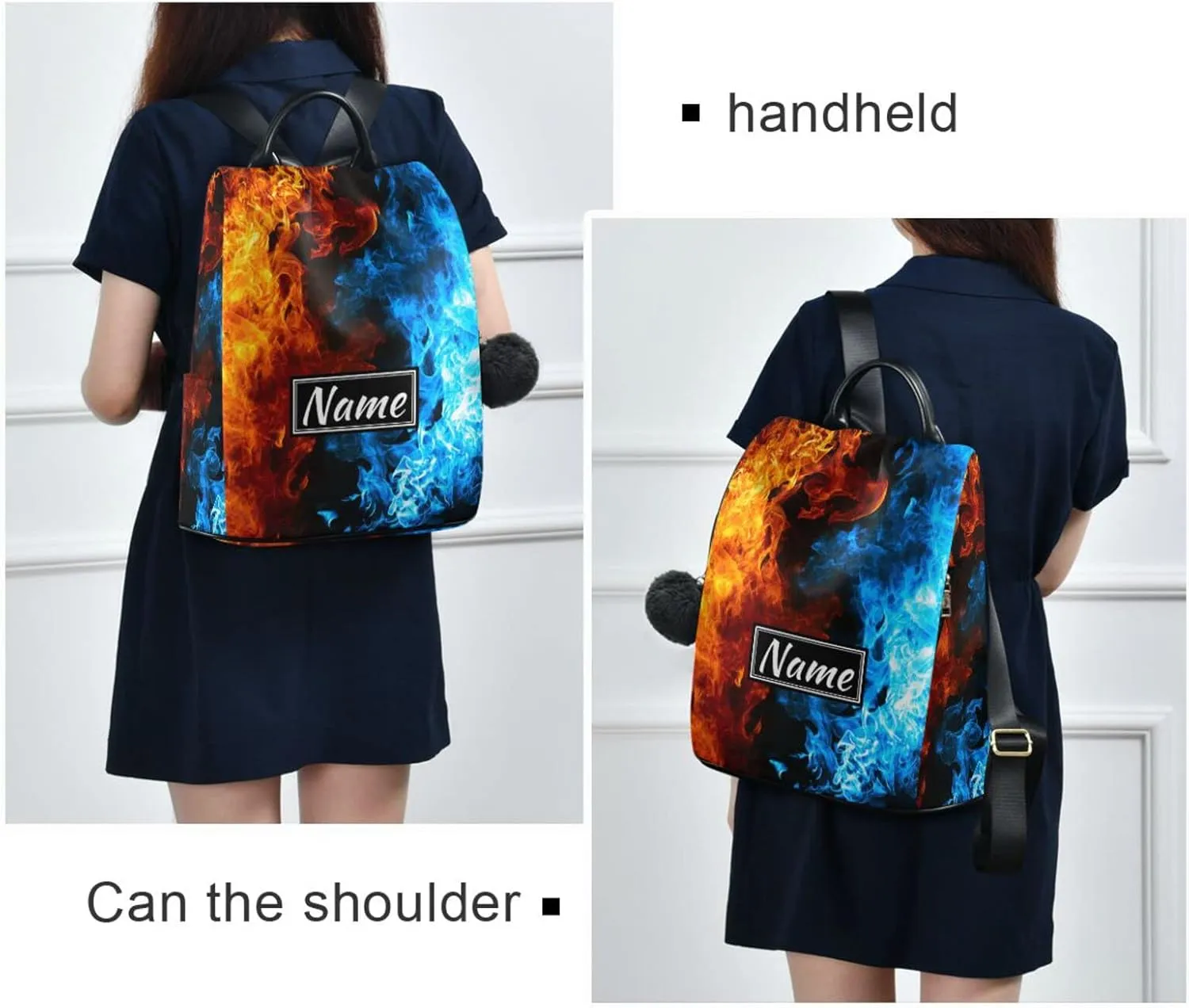 SUABO Red and Blue Fire Custom Backpack Purse for Women, Anti Theft Personalized Name Shoulder Bag Fashion Ladies Travel Bags