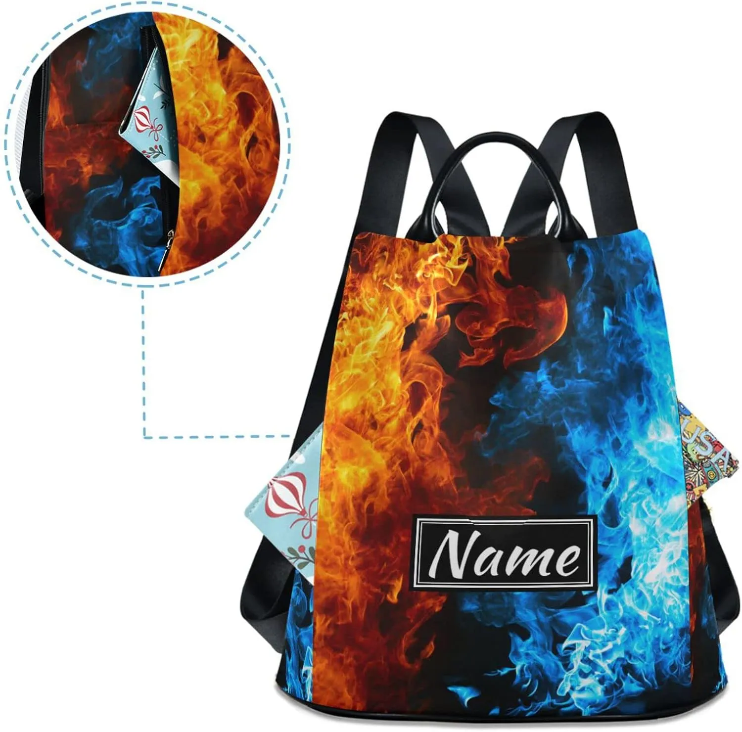 SUABO Red and Blue Fire Custom Backpack Purse for Women, Anti Theft Personalized Name Shoulder Bag Fashion Ladies Travel Bags